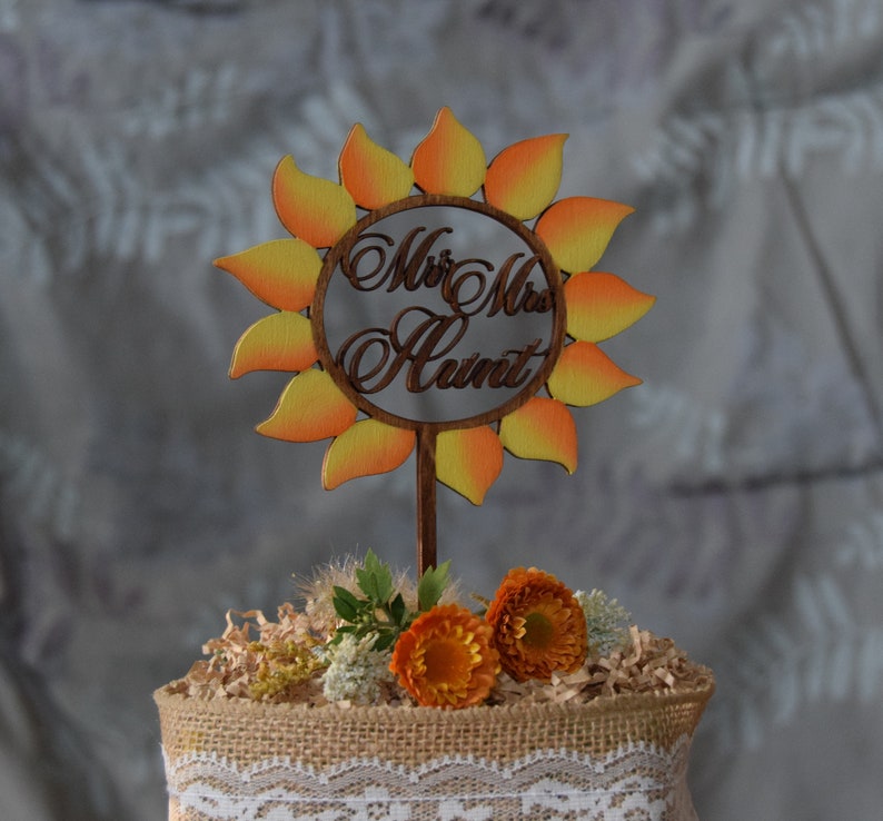 Sunflower Wedding Cake Topper, Rustic Cake topper, Floral Cake Decor, , Gold Sunflower Decor, Sunflower Decor, Sunflower Ring Cake image 2