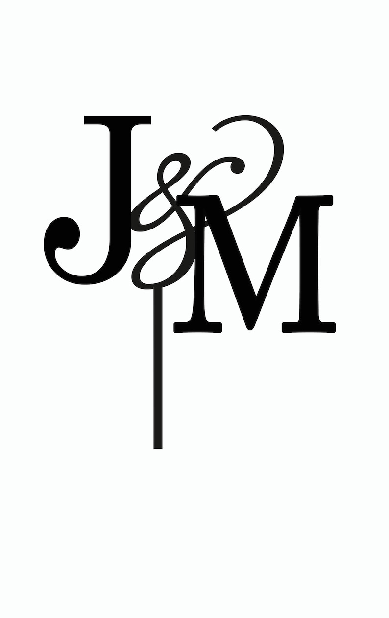 May include: Black and white monogram with the letters J and M intertwined with a decorative flourish. The letters are in a bold, serif font.
