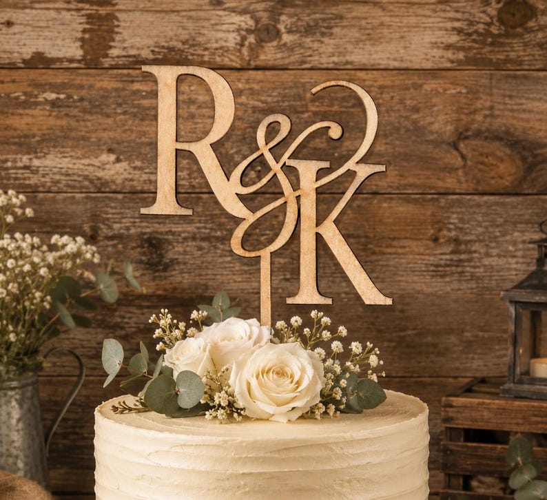 Personalized Monogram Wedding Cake Topper: Rustic Birch Wood Initial image 1
