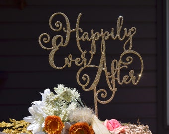 Happily Ever After Cake Topper: Champagne Glitter Wedding Anniversary