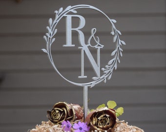 Wreath Cake Topper Personalized Monogram Two initial Topper, Initial Cake Topper Rustic Wedding Letter Cake Wedding, Monogram Cake Topper