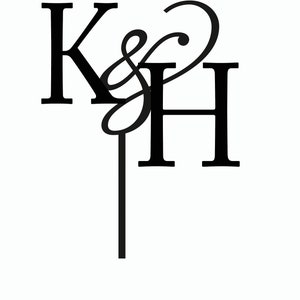 May include: Black and white monogram with the letters K and H intertwined with a decorative flourish.