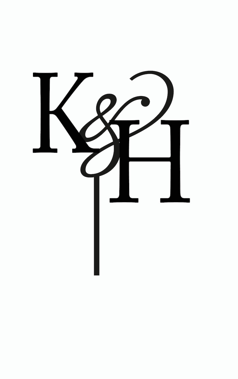 May include: Black and white monogram with the letters K and H intertwined with a decorative flourish.