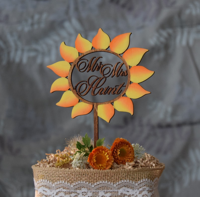 Sunflower Wedding Cake Topper, Rustic Cake topper, Floral Cake Decor, , Gold Sunflower Decor, Sunflower Decor, Sunflower Ring Cake image 1