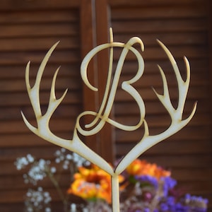 Deer Wedding Cake Topper Wooden Deer Antlers, Personalized Antler Cake Topper, Engraved Antler Rack, Deer Cake Topper, Buck Cake Topper