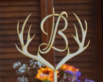 Deer Wedding Cake Topper Wooden Deer Antlers, Personalized Antler Cake Topper, Engraved Antler Rack, Deer Cake Topper, Buck Cake Topper