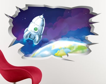Rocket Wall Hole Print: Children's Bedroom Wall Sticker / Home Decor / Graphic Decal