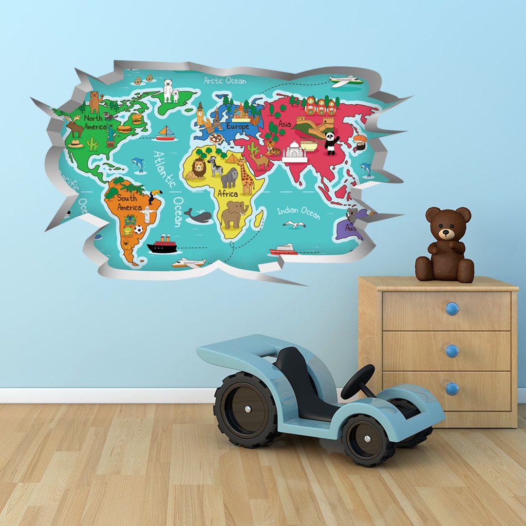 Kids World Map Children's Bedroom Wall Sticker / Home Etsy