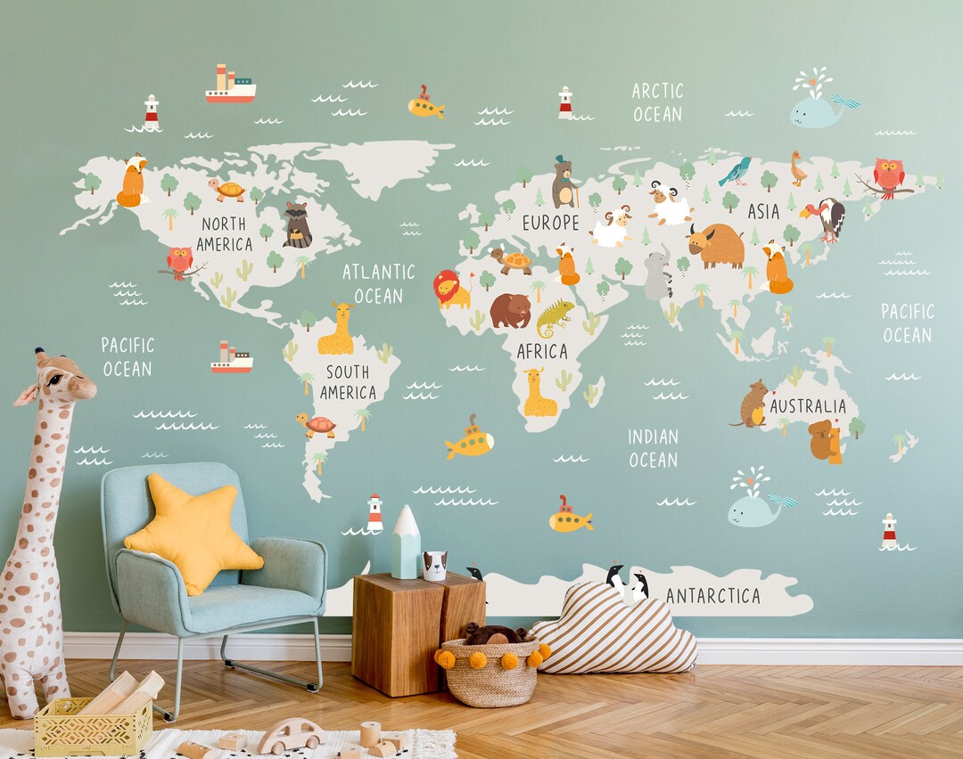 Animal World Map Wall Sticker for Kids' Bedroom, Nursery, Playroom Kids