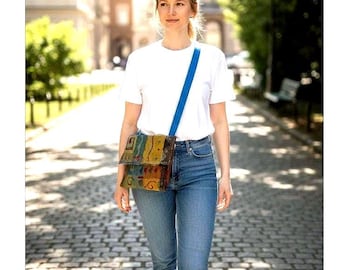 Crossbody BoHo handbag/ velvet lining/ inside pocket/made with recycled and repurposed, upholstery remnants/ fabric remnants/ magnet closure