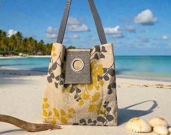 Classy Handbag/tote /yellow/gray , original made with recycled, repurposed, fabrics, including drapery, drapery, hardware, and embellishment