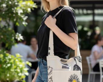 Summer /spring fabric handbag fun block print two outside pockets zipper closure