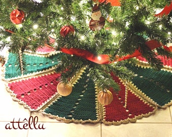 Crochet Tree Skirt Paneled Style Skirt Burgundy-Dark Green 40 in. diameter Handmade Cozy Rustic Christmas Decoration Tree Ornament Base Rug