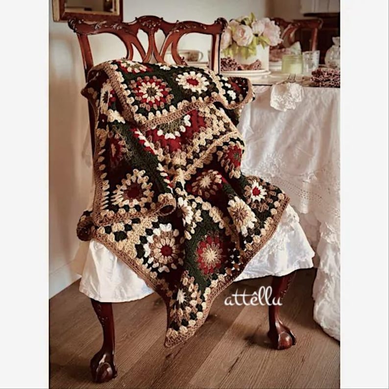 Granny Square Crochet Throw Blanket, Cottage Farmhouse