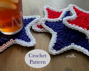 Star Coaster Crochet Pattern Descarga digital 4 de julio Fácil seguir Instrucciones Gráfico Imágenes Patrióticas Estrellas Americana USA decoración DIY