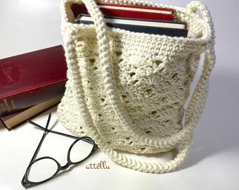 Crochet Tote Bag, Cute practical handbag, Handmade delicate in Cotton thread, Boho Style Tote, Mothers Day Gift, Spring or Summertime purse