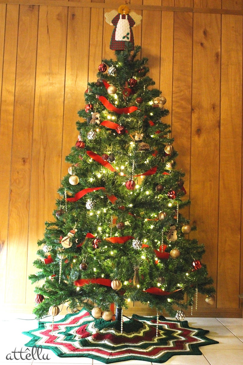 Falda de árbol de Navidad de ganchillo estilo ondulado en magníficos colores vintage 2 tamaños Adornos de árbol de decoración de casa de vacaciones, gran regalo de Navidad imagen 5