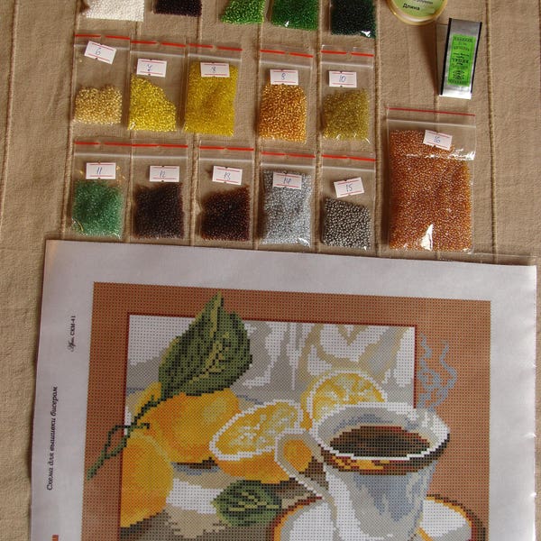 Bead embroidery kit "English breakfast","tea with lemon",Set per il ricamo con perline"colazione inglese",fai da te,DIY