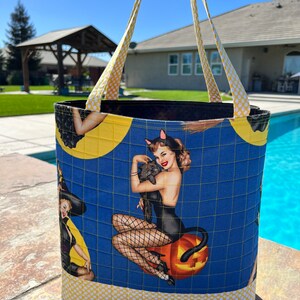 Quilted Market Tote, Pin-Up Girl Tote, Witches, Black Cats, Pumpkin, Red Devil, Classic Pin-Up Girls, ready to ship, Free Shipping
