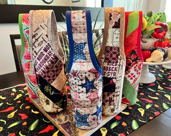 Wine Tote,  Quilted Wine Tote, Wine Bottle Carrier, Fabric Wine Tote, Great Gift, various themes, ready to ship, Free Shipping