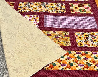 Fall/Autumn Quilt, 57x75, all cotton, Autumn leaves, pumpkins on a brown background, ready to ship, free shipping priority