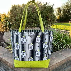 Quilted Beetlejuice Tote, black and neon green, black and white striped Beetlejuice, ready for Halloween, ready to ship, Free Shipping