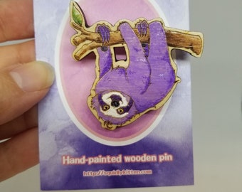 Purple Sloth Hand-painted Wooden Pin
