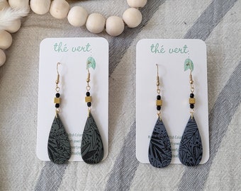 The Flora Botanical Drop Polymer Clay Earrings (in 2 colourways) | Dangle Earrings | Nickel Free | Botanical Silkscreen | Gifts for Her |