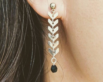 Eliza - Silver Chevron Earrings with Black Faceted Glass Bead