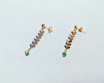Eliza - Gold Chevron Earrings with Pale Turquoise Green Faceted Glass Bead