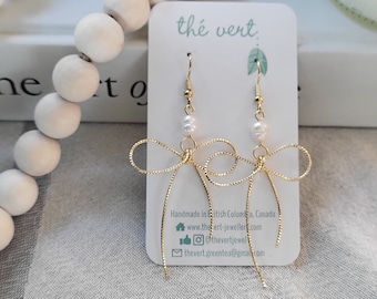 The Adelia Bow Earrings | Fresh Water Pearl | 18K Gold Plated | Ribbon Earrings | Gifts for Her | Nickel Free Earrings