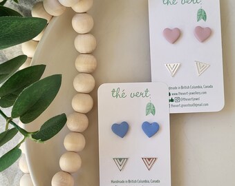 The Heart Polymer Clay Studs (in 2 colors) paired with Silver Triangle Studs | Nickel Free Earrings