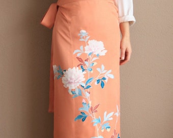 Japanese Kimono Skirt | Japanese Dress | Asian Skirt | Long Skirt |  Coral Skirt | Silk Skirt | Oriental Skirt | Wrap Skirt