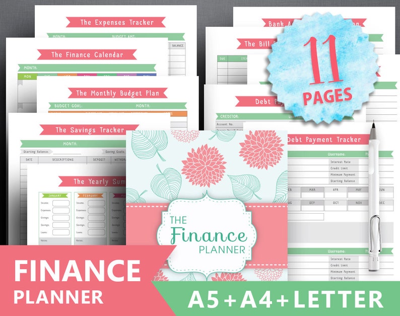 Financial planner printable: 'FINANCE TRACKER' Letter + A4 + A5, debt payment expenses tracker, monthly savings, money planning bill payment 