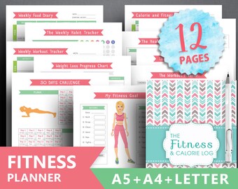 Fitness planner insert: "FITNESS JOURNAL" Letter + A4 + A5, Daily Weight Loss, Health Planner, workout planner, food diary, calorie tracker