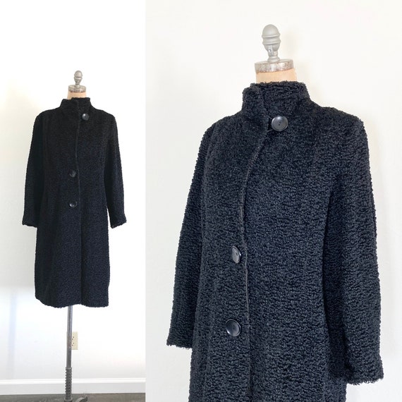 Vintage 50s Black Lambswool Coat // 1940s 1950s Wi