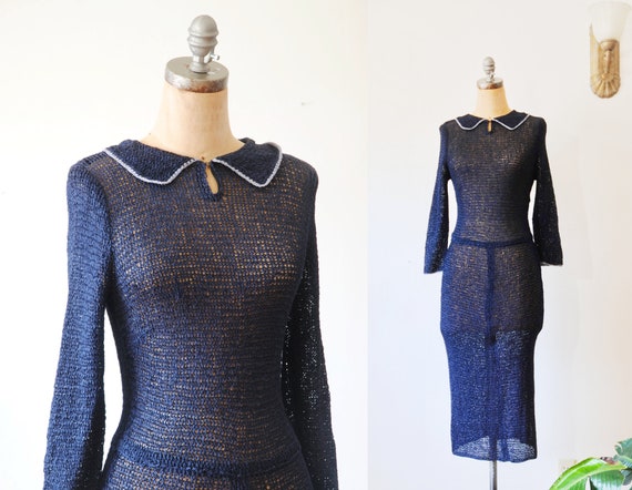 Vintage 1940s Ribbon Knit Dress // Navy Blue 40s F
