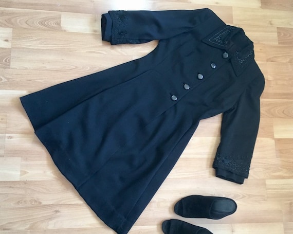 Vintage 1940s Princess Coat // Black Wool Gabardin