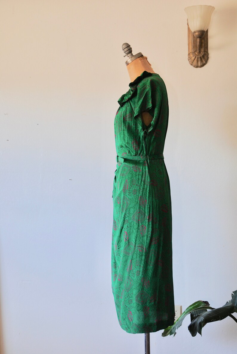 RESERVED FOR JILL Vintage 1940s Geometric Print Dress 40s Green and Pink Silk Crepe Draped with Bows