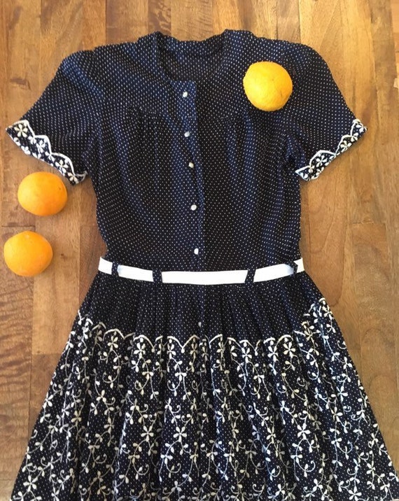 Vintage 1940s Day Dress // Navy Blue White Polka D
