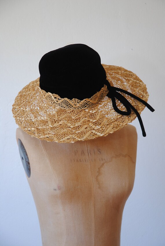 1950s Schiaparelli Straw Hat with Black Velvet
