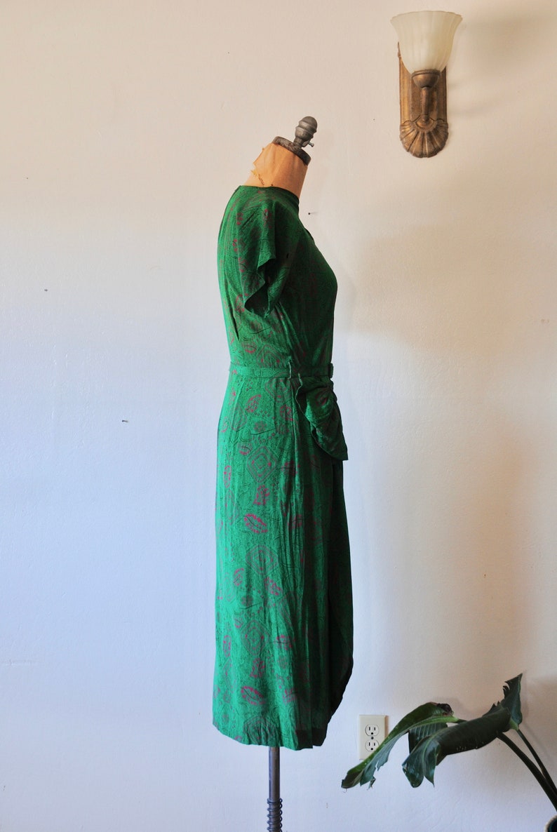 RESERVED FOR JILL Vintage 1940s Geometric Print Dress 40s Green and Pink Silk Crepe Draped with Bows
