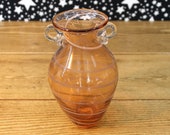 Vintage Pink Clear Art Glass Vase with Applied Handles and White Swirl - Amphora Shape - Orange Coral - Mid Century Decor - Classical - 6 quot