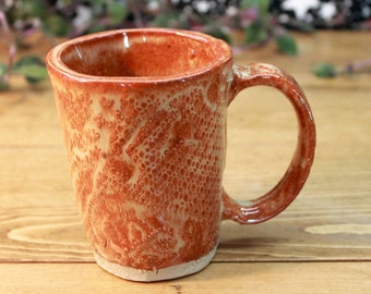 Handmade Pottery Mug - Rustic Brown Orange Tan - Glazed - Unique Geometric Lace Texture - Hand Built Artisan Unique - Gift - 8oz
