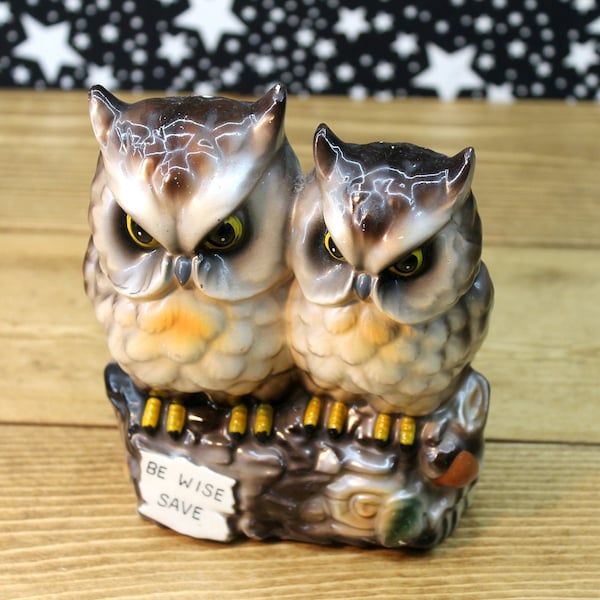 Vintage Mid Century Adorable Ceramic Coin Bank - Owls - Be Wise, Save - Motto - Airbrushed Hand Painted - Birds Nature Cute - Unique - Japan