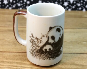 Vintage Stoneware Mug with Pandas - Mother and Baby - 1970s - Rustic Rust Glaze - Retro - Cottage - Bears Animals - Botanical - Cute - 14oz