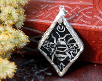 Handmade Ceramic Pendant with Sgraffito Design and Soldered Frame - Bee - Honeybee - Black and White - Hand Crafted - Unique - Diamond - 2"