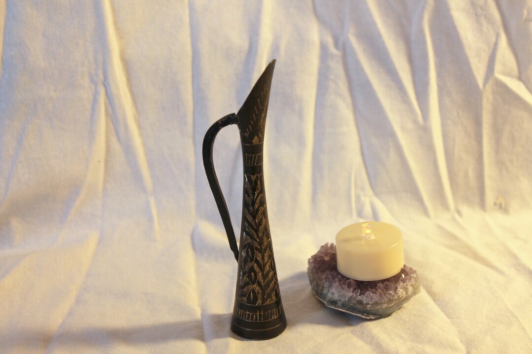 Vintage Small Black Metal Pitcher With Hand Decorated Gold Designs