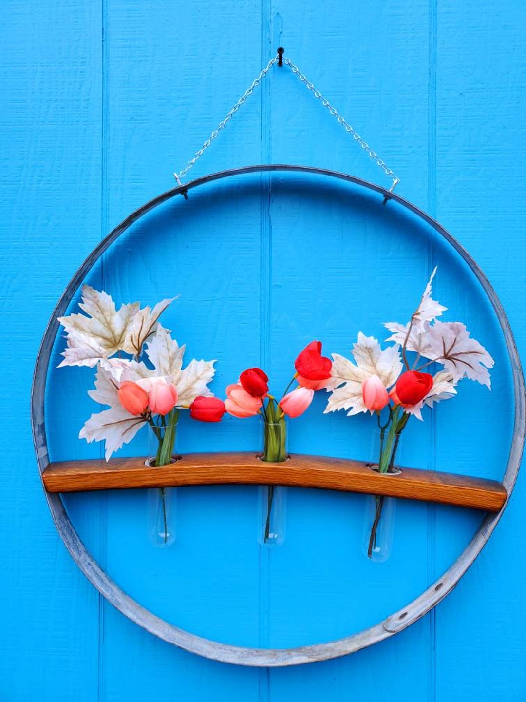 Wine Barrel Hoop and Barrel Stave Shelf With Three 3 Inset Tube Vases
