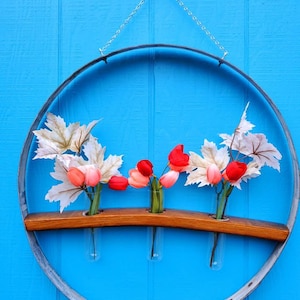 Wine Barrel Hoop and Barrel Stave Shelf with Three (3) Inset Tube Vases